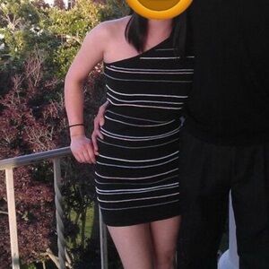 One Shoulder Knit Striped Bodycon Mini Dress Medium